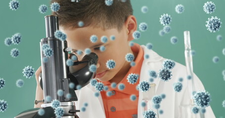 Lab worker examines COVID-19 samples under microscope in pandemic research.