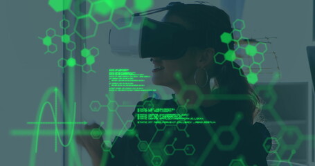 Image of medical data processing over businesswoman wearing vr headset