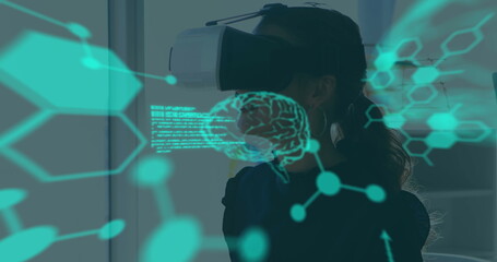Image of human brain and medical data processing over businesswoman wearing vr headset