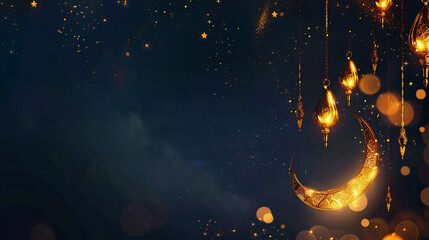 Luxurious Ramadan Kareem background featuring gold moon and Islamic elements, Mubarak template for...