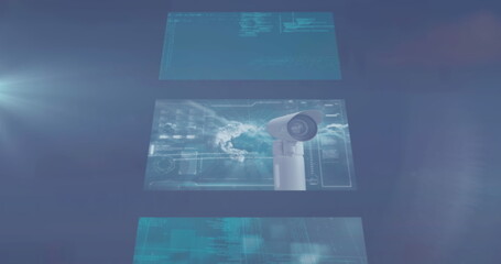 Digital image of multiple screens with data processing against spot of light on blue background