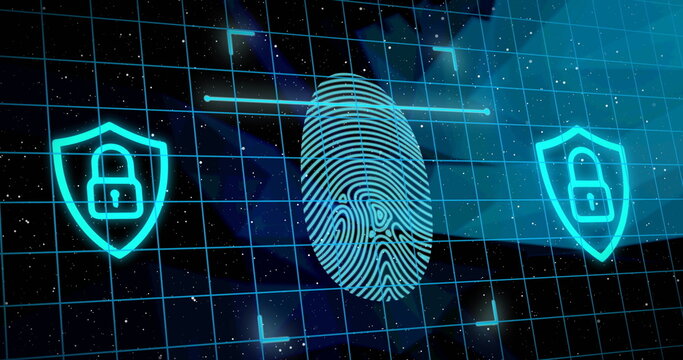 Image of online security padlocks with biometric fingerprint and data processing in background