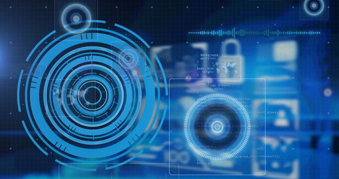 Image of online security padlock with data processing in background