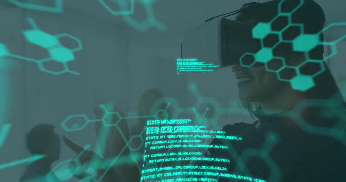 Image of medical data processing over businesswoman wearing vr headset