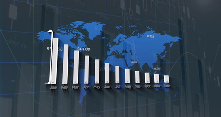 Image of graphs over world map and coordinates in navy digital space