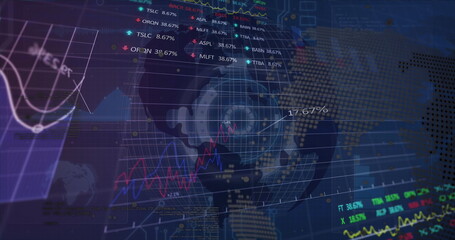 Image of globe and financial data over navy digital space