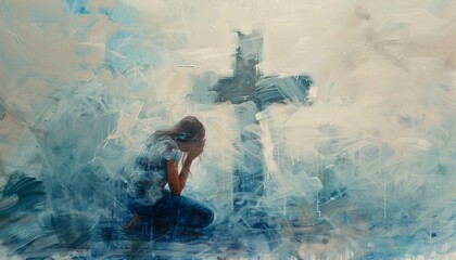 Crying Woman in Front of Cross Generative AI
