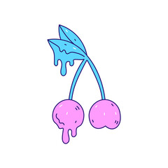 Melting cherry with leaf doodle vector illustration. Modern hand drawn liquid berry. 90s y2k vintage art. Isolated on white background. Cartoon outline style.