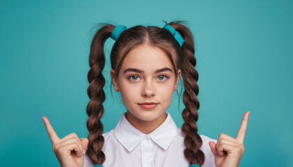 A young girl with long pigtails over green background