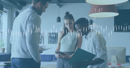 Image of financial data processing over diverse business people discussing work at office