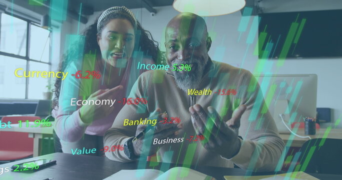 Image of financial data processing over diverse business people smiling at office