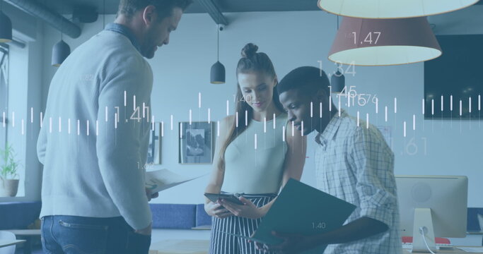 Image of financial data processing over diverse business people discussing work at office