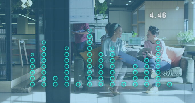 Image of financial data processing over diverse business people discussing work at office