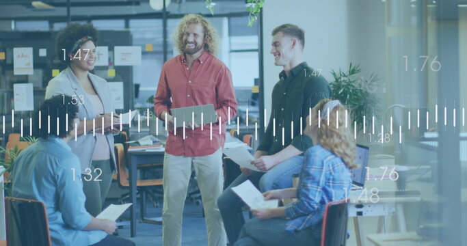 Image of financial data processing over diverse business people having meeting at office