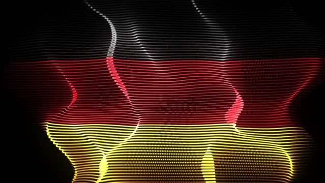 Federal Republic of Germany (FRG) flag waving in the wind on black background. Concept of patriotism, statehood and nation. Flapping Germany flag made of wavy digital pixelated lines, 4K looped video