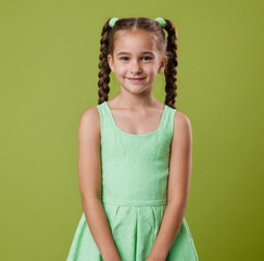 A young girl in green dress is smiling for the camera. The image has a bright and cheerful mood, with the girl's smile and the green dress adding to the overall positive atmosphere