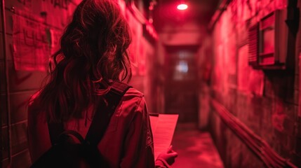 A mysterious woman with a backpack stands in a dimly lit alley, bathed in a red neon glow that creates an atmosphere of intrigue.