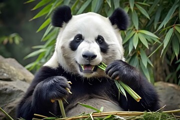 Closeup giant panda eating bamboo