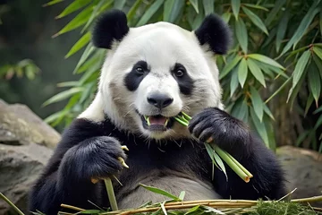 Fotobehang Closeup giant panda eating bamboo © Lalin T