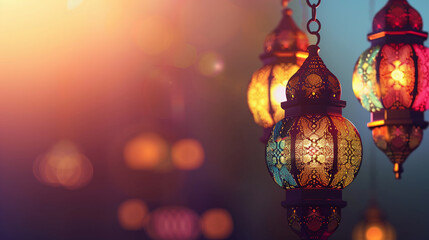Ornate arabic lanterns on gradient Ramadan Kareem background, traditional lanterns with arabesque...