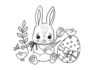 Coloring page for kids. Coloring book animal, Easter, bunny, flowers, chickens, Easter eggs. Drawing kids activity. Funny cartoon colouring page for baby. Printable fun for children. 