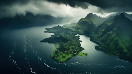 Aerial view of lush mountains on an island, surrounded by striking lightnings.


