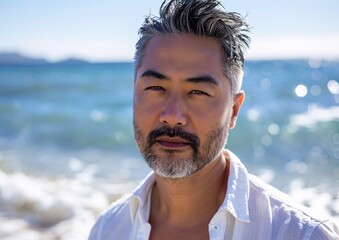 Beach Bum: A Hairy-Chested Man with a White Shirt and Goatee Generative AI
