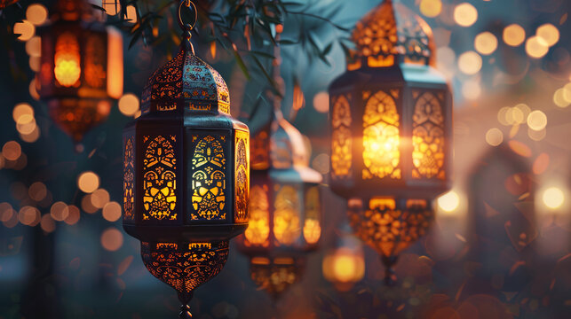 Ornate Arabic sparkling gold lanterns on traditional Ramadan Kareem background in shades of turquoise and dark blue banner design. Islamic celebration background with golden lanterns, star ornaments