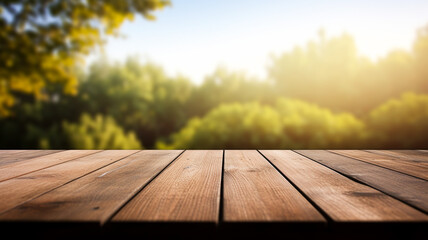 Wooden table on blurred nature background.