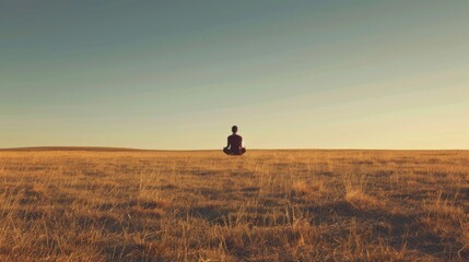 A lone figure meditating in a vast, empty field, embodying the concept of mindfulness and inner peace