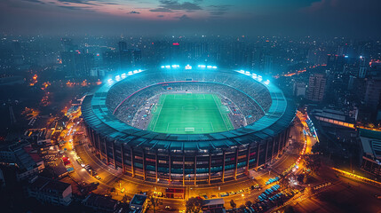 View from above of a filled stadium where a football match is taking place - obrazy, fototapety, plakaty