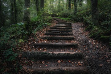 forest walk trail with a set of wooden steps made of logs