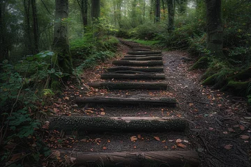 Foto op Plexiglas forest walk trail with a set of wooden steps made of logs © Robert