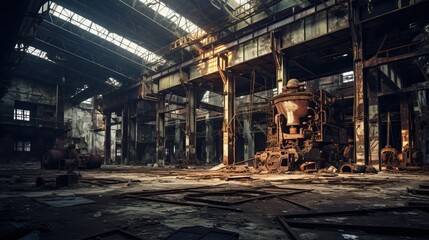 Fototapeta na wymiar An old destroyed corn oil factory interior.