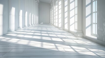 An elegant 3D scene of a white room interior with wood plank flooring and sun light casting rhythmic shadows on its walls, displaying the architecture of a minimal design.