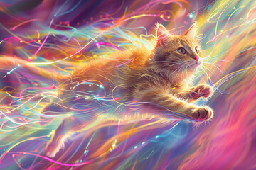 A joyful cat amidst a quantum leap - obrazy, fototapety, plakaty