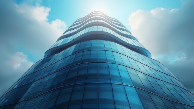 Detailed perspective of a high rise building with a curve and a dark steel window system, with a blue clear sky background. Business concept of future architecture.
