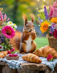 A squirrel enjoying a croissants picnic in the park, surrounded by colorful flowers