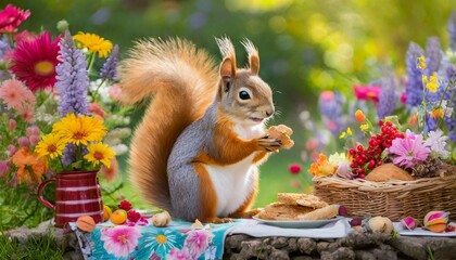 A squirrel enjoying a croissants picnic in the park, surrounded by colorful flowers