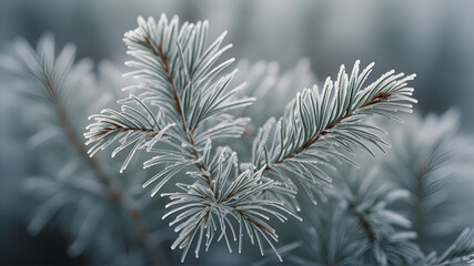 A close-up of frost-covered pine needles, showcasing the delicate and intricate patterns created by the winter chill