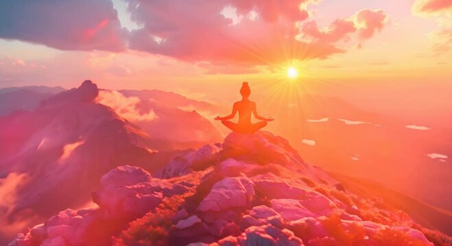 A tranquil yoga session on a mountaintop, with a yogi performing sun salutations as the sun rises over the horizon.