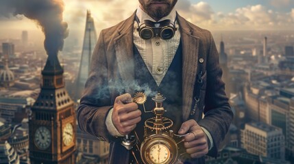 time Traveler man in Victorian steampunk gear, featuring goggles and pocket watches, set against a backdrop of historic and futuristic architecture.