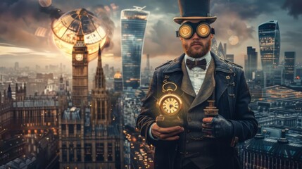 time Traveler man in Victorian steampunk gear, against a backdrop of historic and futuristic...