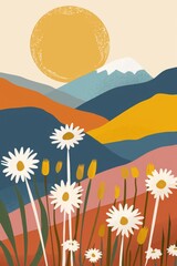 Fototapeta na wymiar Abstract serene illustration featuring layered mountains with a warm sun and blooming flowers in a calming color palette, invoking a sense of peace and nature's beauty