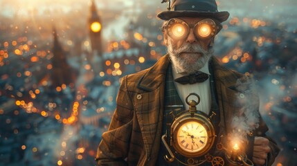 An enigmatic figure with steampunk goggles conjures an array of floating timepieces in a mystical urban twilight setting. - obrazy, fototapety, plakaty