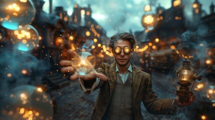  A mysterious time traveler extends his hand, unleashing magical clockwork and glowing orbs into the air of an old city - obrazy, fototapety, plakaty