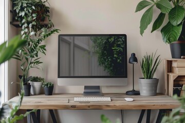white screen desktop computer in minimal office room with decorations and copy space. ai generated