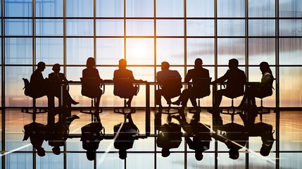 A group of business people are sitting around a table having a meeting. They are all looking at the person at the head of the table, who is speaking.