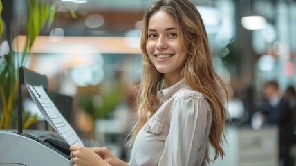 Portrait of happy young businesswoman working at office. She is holding document for copy by printer laser.