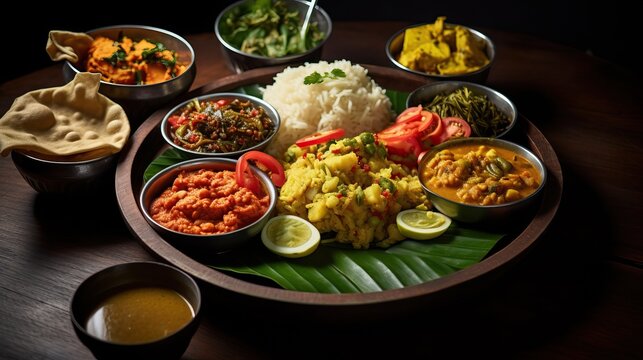 Bowl of variety of traditional vegan Sri Lankan food with different curries, papadum, rice, sambol, dal and vegetables, Ella, Sri Lanka.


